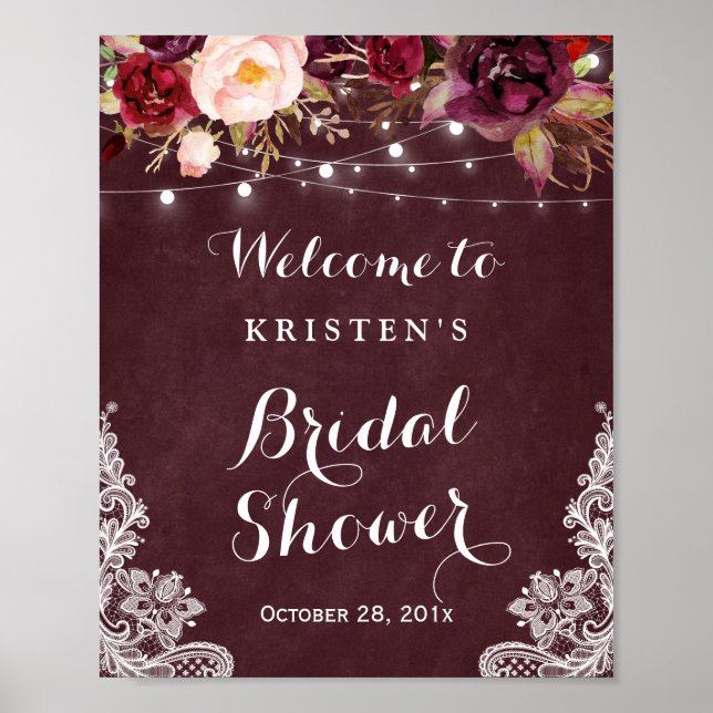 Affiche Panneau de mariage floral bordeaux avec guirlandes (Devant)