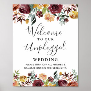 Affiche Panneau de mariage floral Bourgogne sans téléphone