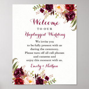 Affiche Panneau de mariage floral burgundy débranché