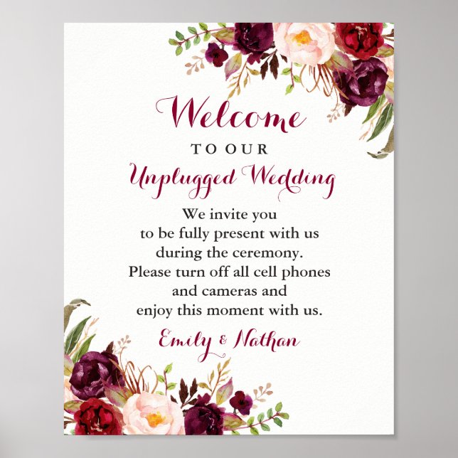 Affiche Panneau de mariage floral burgundy débranché (Devant)
