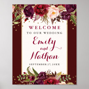 Affiche Panneau de mariage floral confetti or Bourgogne