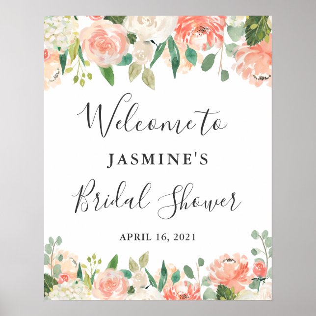 Affiche Panneau de mariage floral Corail pêche pour la dou (Devant)