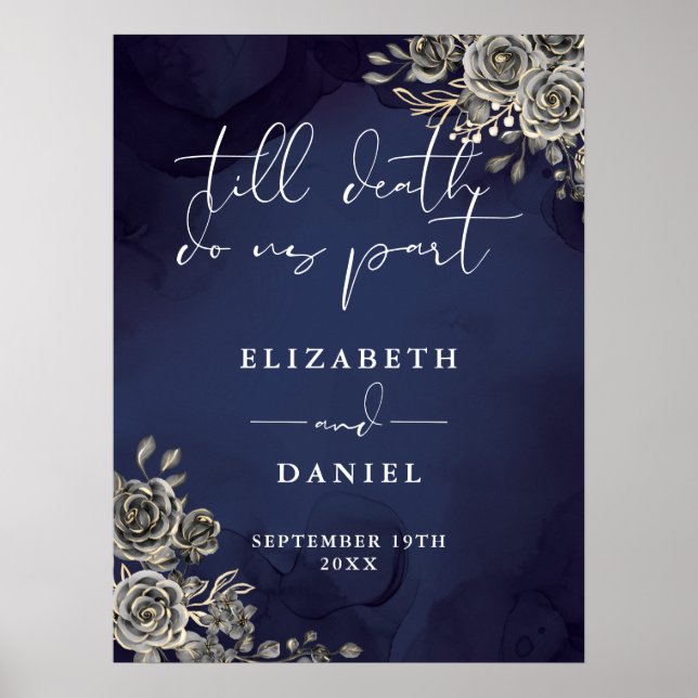 Affiche Panneau de mariage floral de roses gothiques bleu  (Devant)