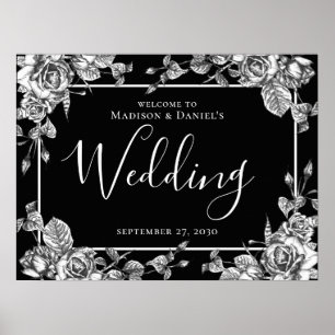 Affiche Panneau de mariage floral élégant noir et blanc