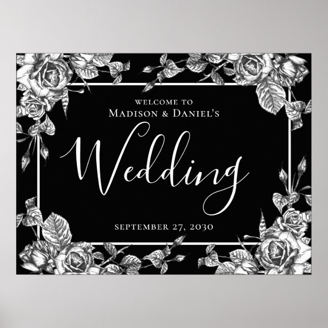 Affiche Panneau de mariage floral élégant noir et blanc (Devant)