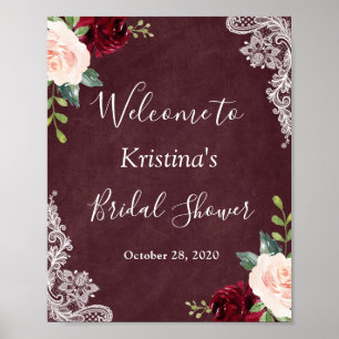 Affiche Panneau de Mariage Floral en Dentelle Rouge Bourgo