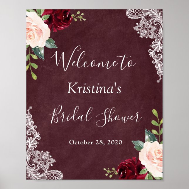 Affiche Panneau de Mariage Floral en Dentelle Rouge Bourgo (Devant)