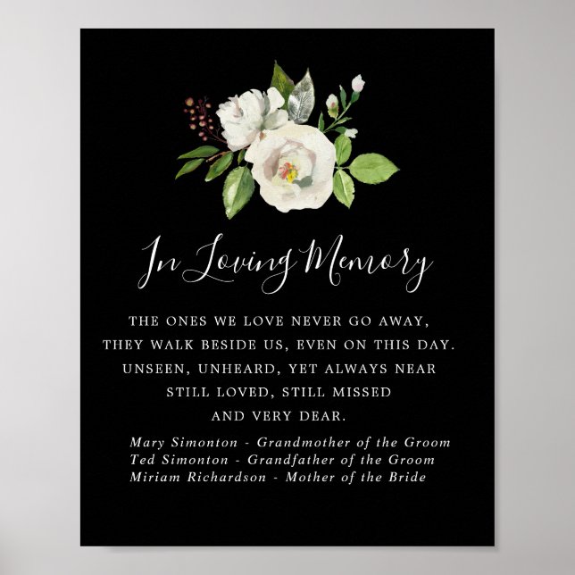 Affiche Panneau de mariage floral noir et blanc à la mémoi (Devant)
