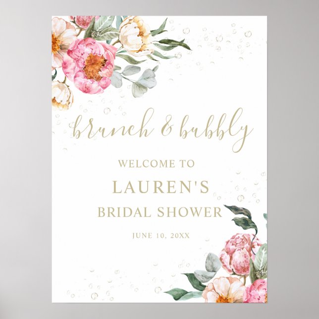 Affiche Panneau de mariage floral rose Brunch et Bubbly  (Devant)