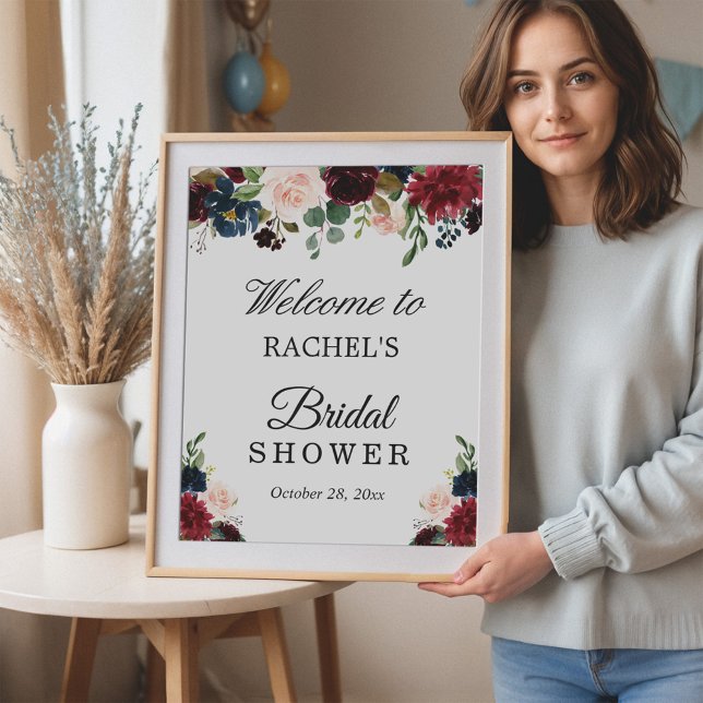 Affiche Panneau de mariage floral rouge burgundy rose bleu (Créateur téléchargé)