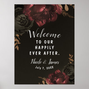 Affiche Panneau de mariage floral sombre marron humeur or 