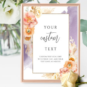 Affiche Panneau de mariage floral violet pêche avec texte