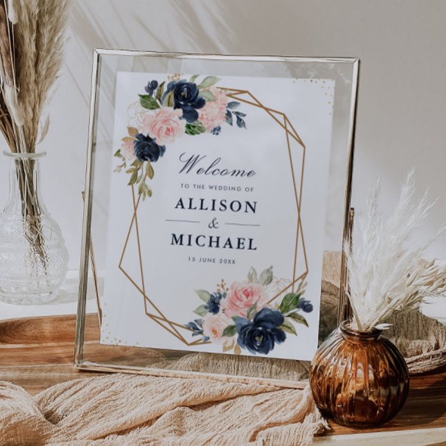Affiche Panneau de mariage géométrique floral Marine & blu (Créateur téléchargé)