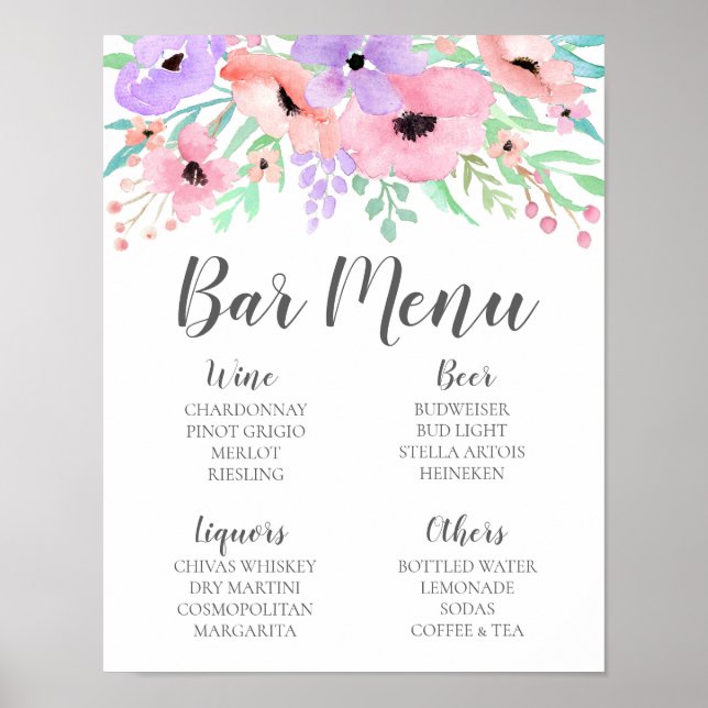 Affiche Panneau de mariage – Menu de bar Panneau floral aq (Devant)