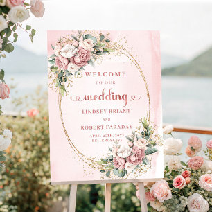 Affiche Panneau de mariage moderne poussiéreux rose or flo