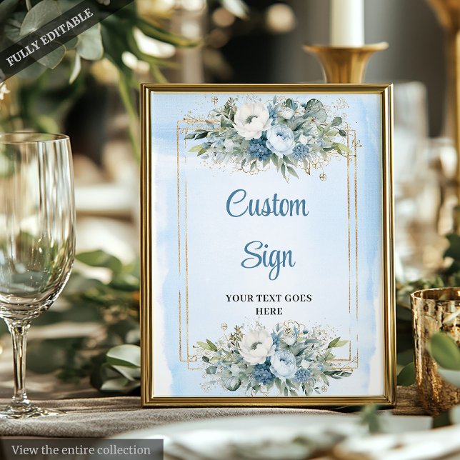 Affiche Panneau de mariage personnalisé floral bleu poussi (Elegant Dusty Blue Floral Custom Wedding Sign

)