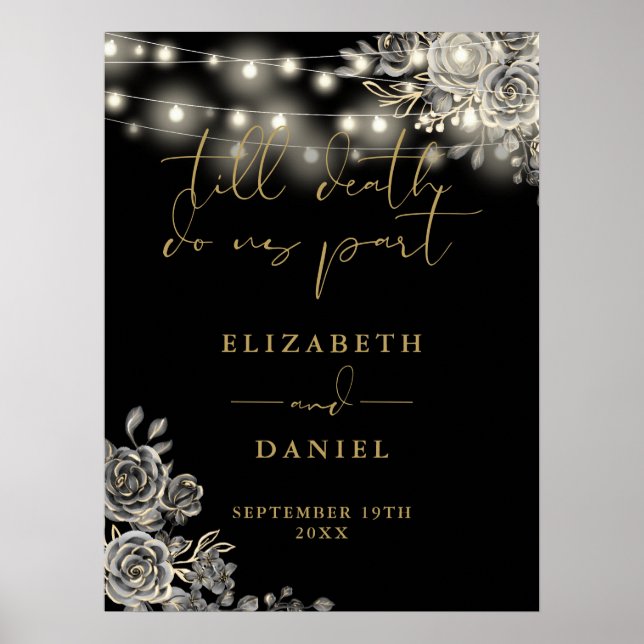 Affiche Panneau de mariage Roses Gothiques Noir et Or Lumi (Devant)