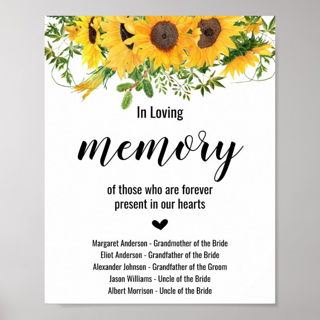 Affiche Panneau de mariage tournesols à la mémoire de nos  (Devant)