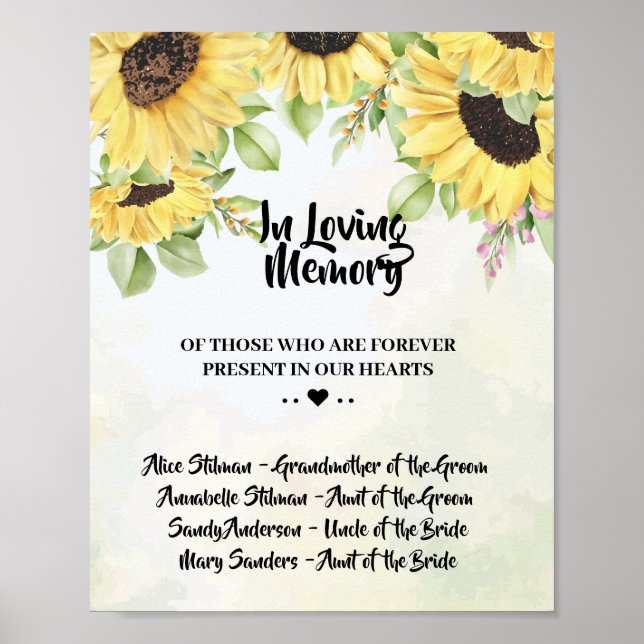 Affiche Panneau de mariage Tournesols En Mémoire Affectueu (Devant)