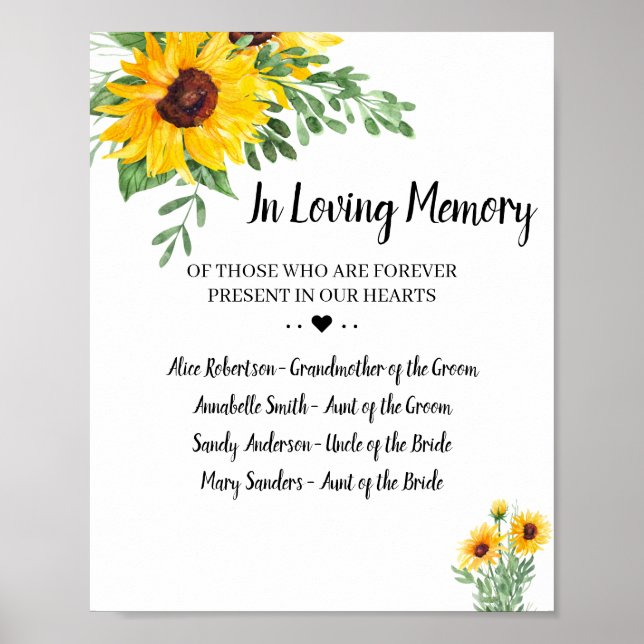 Affiche Panneau de mariage Tournesols Verdure En Mémoire A (Devant)