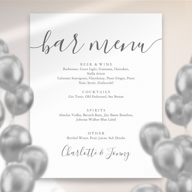 Affiche Panneau de menu de bar à la signature grise et bla (Gray And White Signature Script Bar Menu Sign)