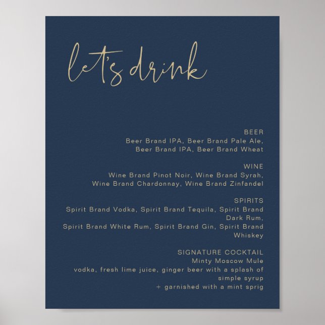 Affiche Panneau de menu de bar CAITLIN Navy & Or Let's Dri (Devant)