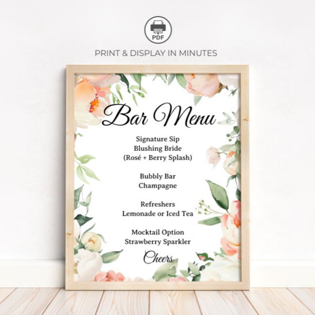 Affiche Panneau de menu de bar de cocktail floral pour la  (Créateur téléchargé)