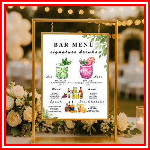 Affiche Panneau de menu de bar de mariage avec verdure ver