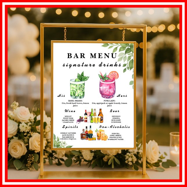 Affiche Panneau de menu de bar de mariage avec verdure ver (Créateur téléchargé)