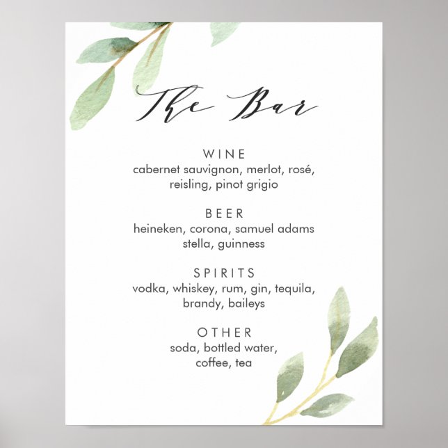 Affiche Panneau de menu de bar de mariage botanique à feui (Devant)