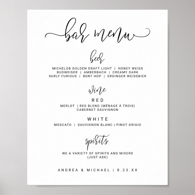 Affiche Panneau de menu de bar de mariage - Calligraphie r (Devant)