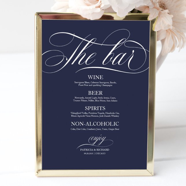 Affiche Panneau de menu de bar de mariage chic bleu marine (Créateur téléchargé)