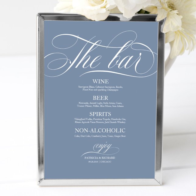 Affiche Panneau de menu de bar de mariage Chic Bleu Poussi (Créateur téléchargé)