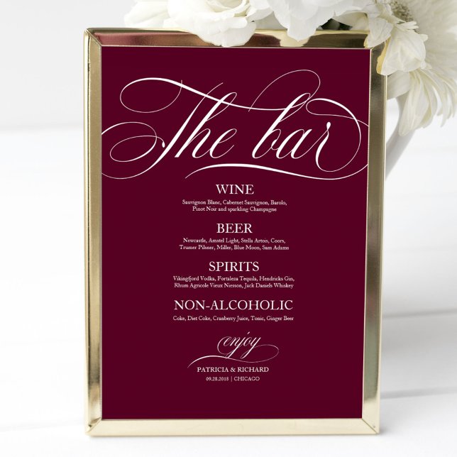 Affiche Panneau de menu de bar de mariage Chic Bourgogne M (Créateur téléchargé)
