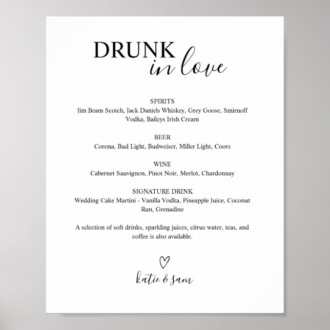 Affiche Panneau de menu de bar de mariage imprimable Amour (Devant)