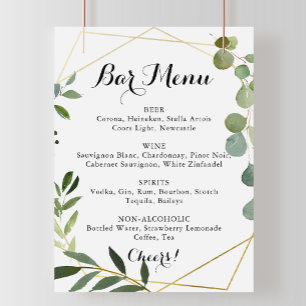 Affiche Panneau de menu de bar de mariage tropical doré gé