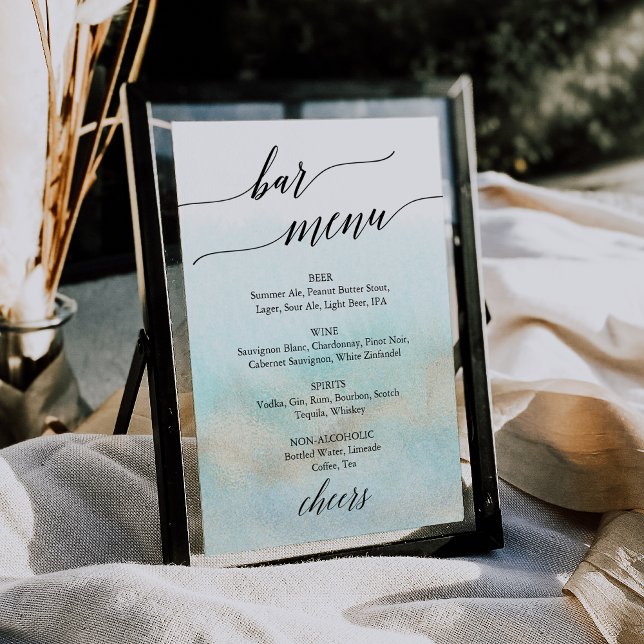 Affiche Panneau de menu de bar de plage à l'aquarelle Aqua (Aqua and Gold Watercolor Beach Bar Menu Sign)
