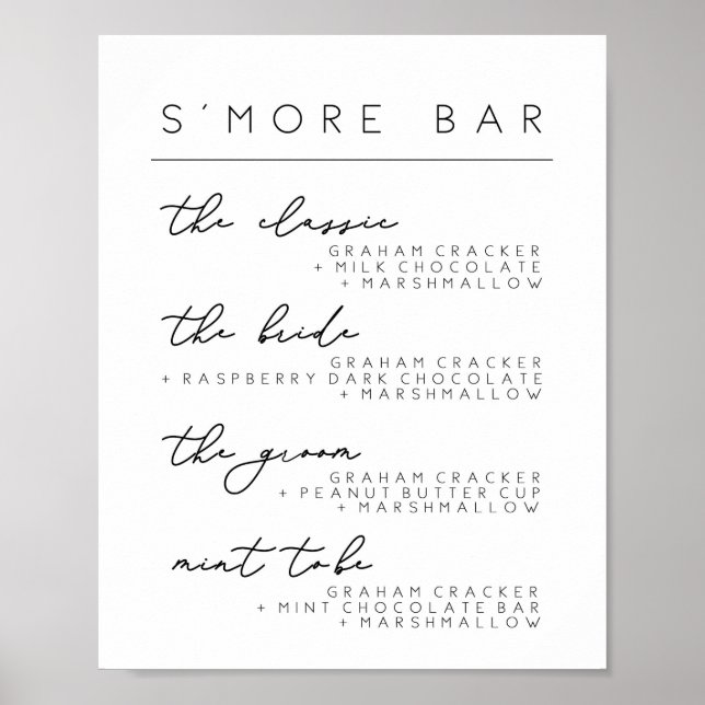Affiche Panneau de menu de bar de S'more de mariage, Affic (Devant)