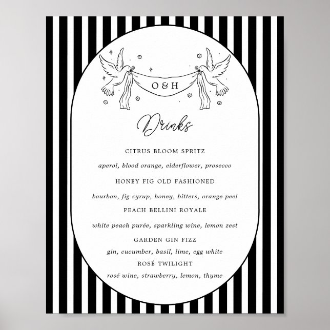 Affiche Panneau de menu de bar fantaisiste rayé noir et bl (Devant)