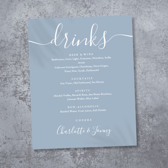 Affiche Panneau de menu de boissons à écriture Signature B (Dusty Blue Signature Script Drinks Menu Sign)