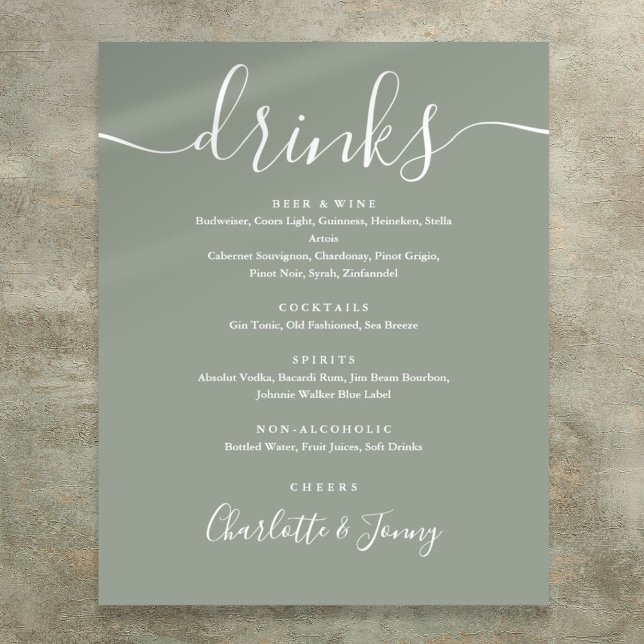 Affiche Panneau de menu de boissons à écriture signature v (Sage Green Signature Script Drinks Menu Sign)