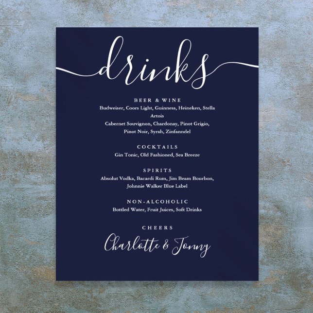 Affiche Panneau de menu de boissons à signature bleu marin (Navy Blue Signature Script Drinks Menu Sign)