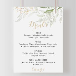 Affiche Panneau de menu de boissons de mariage à feuillage
