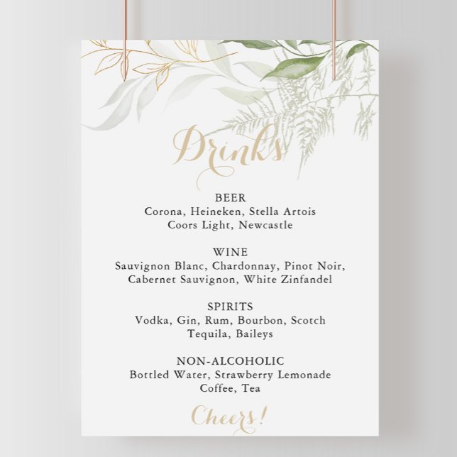 Affiche Panneau de menu de boissons de mariage à feuillage (Créateur téléchargé)