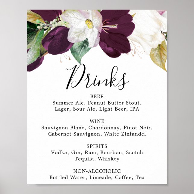 Affiche Panneau de menu de boissons de mariage aux fleurs  (Devant)