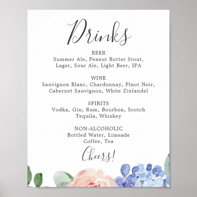 Affiche Panneau de menu de boissons de mariage aux hortens (Devant)
