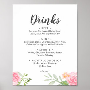 Affiche Panneau de menu de boissons de mariage aux pivoine