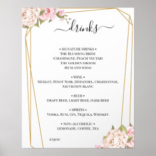 Affiche Panneau de menu de boissons de mariage aux roses f
