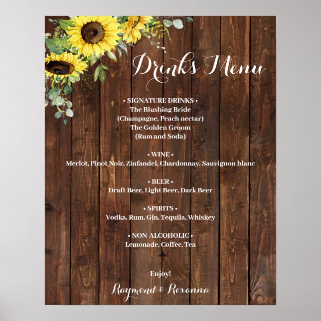 Affiche Panneau de Menu de Boissons de Mariage avec Tourne (Devant)