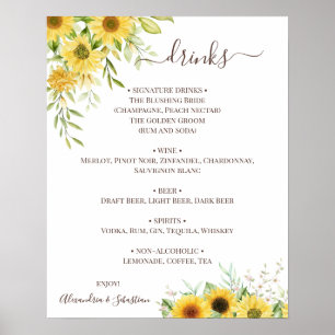 Affiche Panneau de menu de boissons de mariage avec verdur